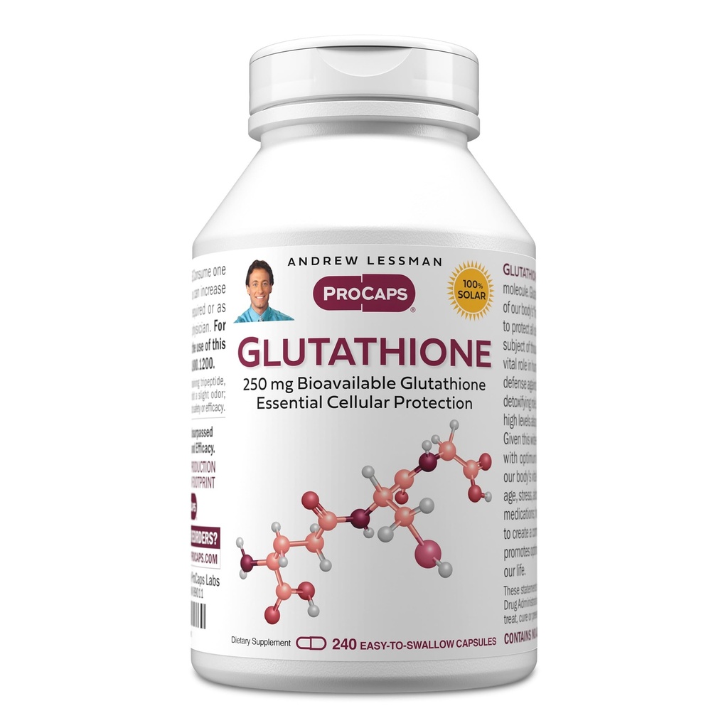 ANDREW LESSMAN Glutationa 250 mg - 240 Cápsulas - poderoso antioxidante, reduz o estresse oxidativo. Biodisponível, protege células, tecidos, órgãos. Suporta Saúde Imune. Cápsulas fáceis de usar.