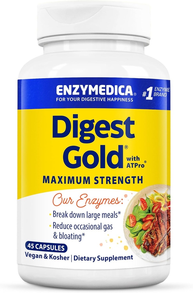 Enzimedica Digest Gold + ATPro, Fórmula de Enzima de Força Máxima, Previne Bloating e Gás, 14 Enzimas Chaves Incluindo Amylase, Protease, Lipase e Lactase, 45 Cápsulas (FFP)