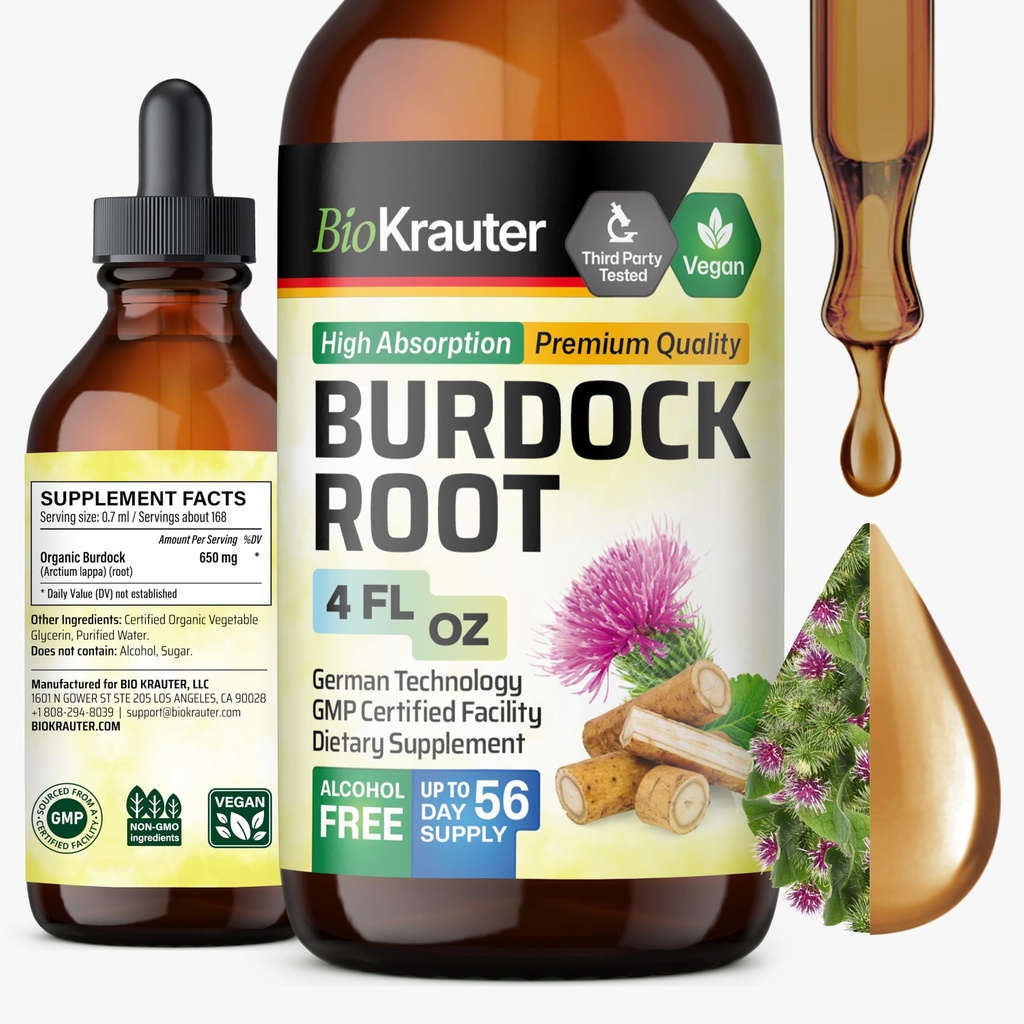 BIO KRAUTER Burdock Root Tintura - Apoio antioxidante Suplemento Líquido - Extrato de Root Burdock - Álcool e Açúcar Grátis - Vegan Drops 4 Fl.Oz.
