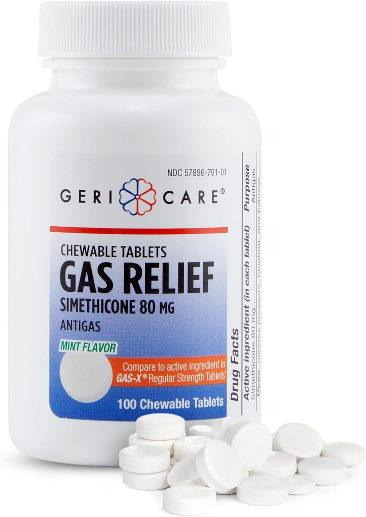 GeriCare Simethicone Chewable Gas-Relief Tablets 80mg □ Alívio Rápido para Gás, Bloating, Desconforto □ Mint-Flavored □ Alivio Oral da Dor do Gás Adulto
