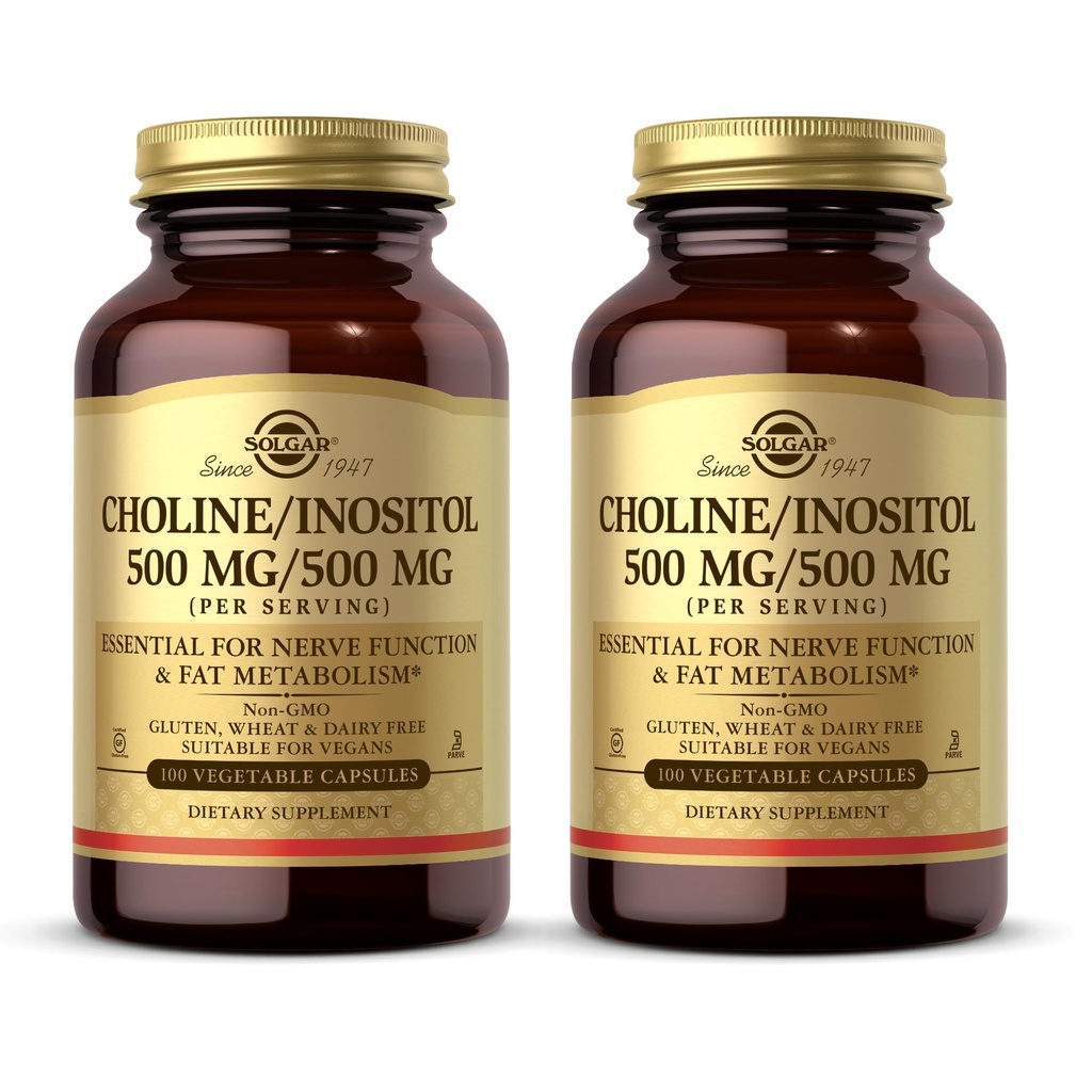 Solgar Choline/Inositol 500 mg/500 mg, 100 Cápsulas Vegetais (Pacote de 2) - Metabolismo Energético, Saúde do Fígado, Essencial para função Cérebro & Nervo - Não-GMO, Vegan, Kosher - 100 Total Servings
