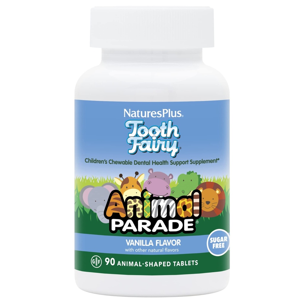 Naturezas Plus Animal Parade Dente Fada Mastigação de crianças - Natural Vanilla Flavor - 90 Comprimidos em forma de animal - Suplemento de Saúde Dentária - Vegetariano, Glúten Livre - 45 Servimentos