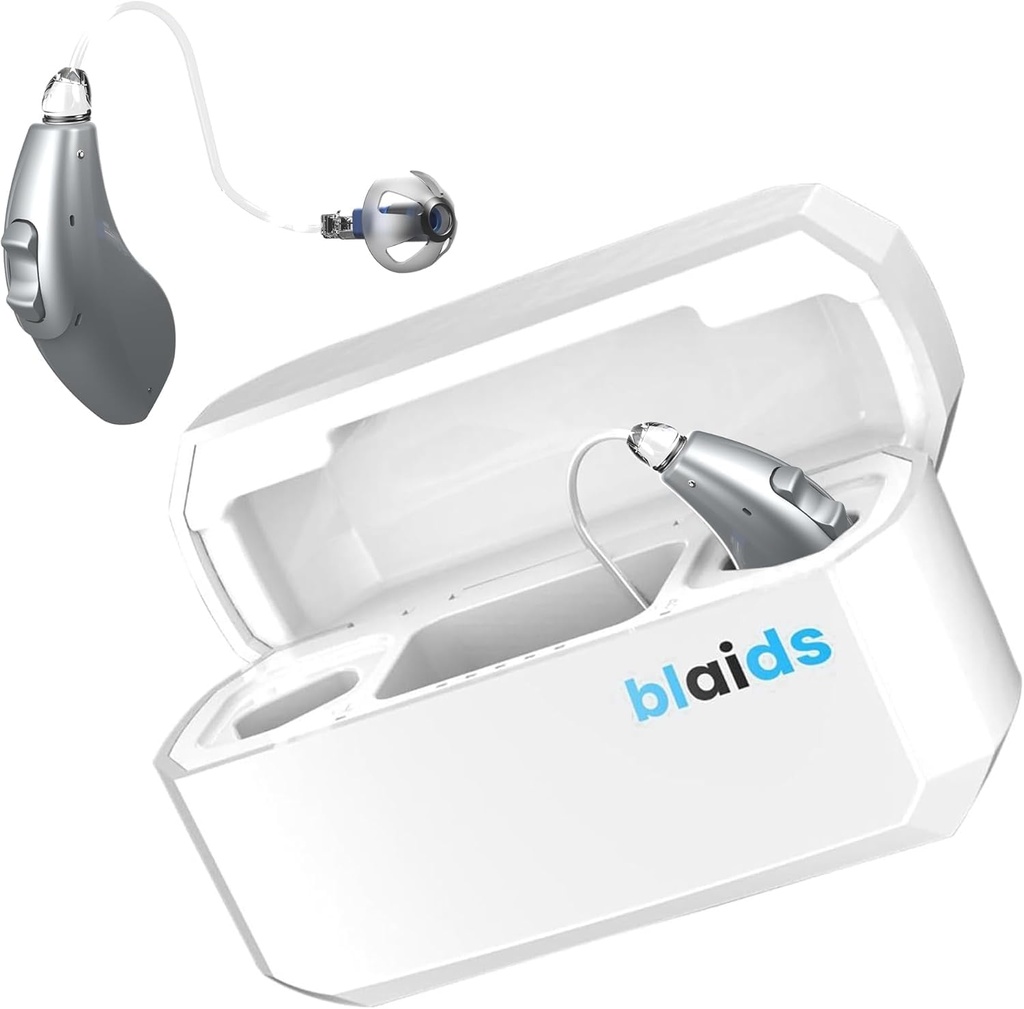 BlaidsX Neuro Recarregável RIC + Aids auditivos programáveis para adultos com aplicativo móvel Teste de audição e cancelamento de ruído, Aids auditivos para idosos, Dual Mic & 96 canais DSP. Processador USA-Made