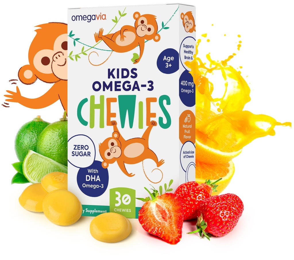 Omega 3 Gummies - Goma de gel mastigável ultra-alta DHA - Omega 3 para crianças apoia a saúde do cérebro e dos olhos - sabor fruta natural sem açúcar - crianças Omega 3 pastilhas de óleo de peixe (30 contagem)