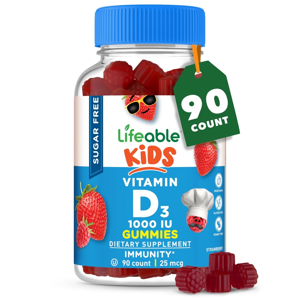 Vitamina D livre de açúcar para crianças 1000 UI – Grande sabor sabor natural Gummy Suplemento – Mastigável vegetariano sem glúten – para ossos fortes e saudáveis, para crianças, Adolescentes, Toddler, 90 chicletes
