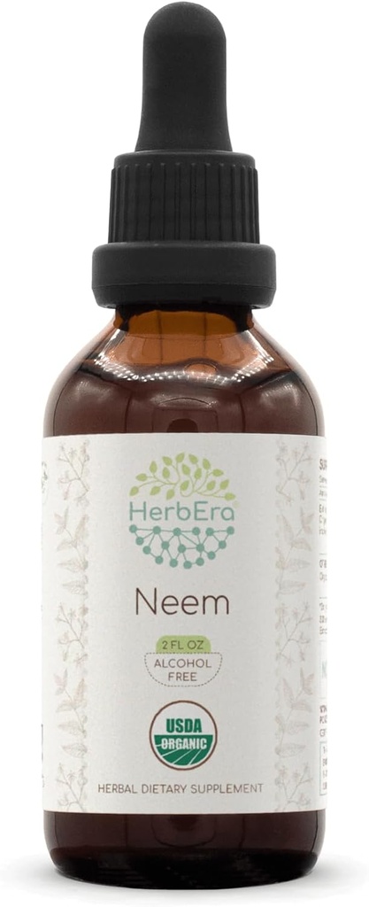 HerbEra Neem B60 Extrato de ervas sem álcool Tintura, gotas de líquido concentradas Natural USDA Organic (Azadirachta Indica) Folha seca (2 fl oz)