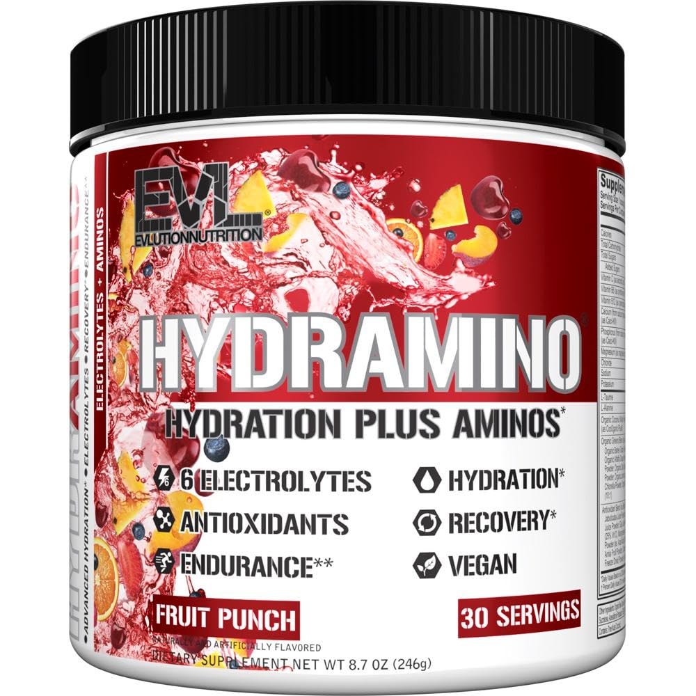Evluition Nutrition HYDRAMINO Multiplicador completo de hidratação, Todos os 6 Eletrolitos, Vitamina C & B, Fluid Boosting Aminós, Água de coco, Endurance, Recuperação, Antioxidantes, 30 Serve, Fruit Punch
