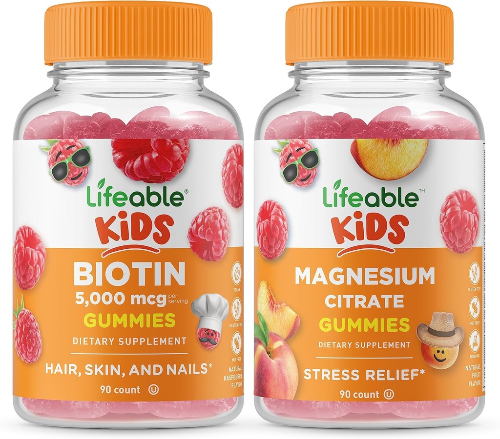 Crianças Biotina Vidable + Citrato de magnésio Crianças, chicletes Bundle - Grande degustação, Suplemento Vitamina, Gluten Free, GMO Free, Gummy mastigável