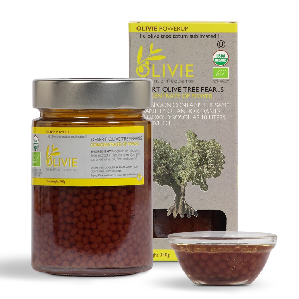 Cápsulas Olive Leaf Extract Orgânicas, PowerUp Pearls por OLIVIE, Suplemento de Polifenóis Antioxidantes, Azeite de Oliva para Pele, Suporte Imune, 340g