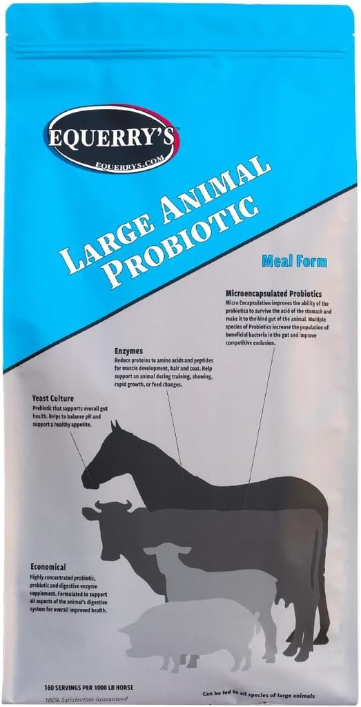 Exerry's Large Animal Probiotic . Suplementos para Gut Health e Nutrient Absorção . Probióticos e enzimas digestivas para cavalos, vacas, cabras, ovelhas, porcos, 160 alimentos (20 libras) para 1000 lb Animal