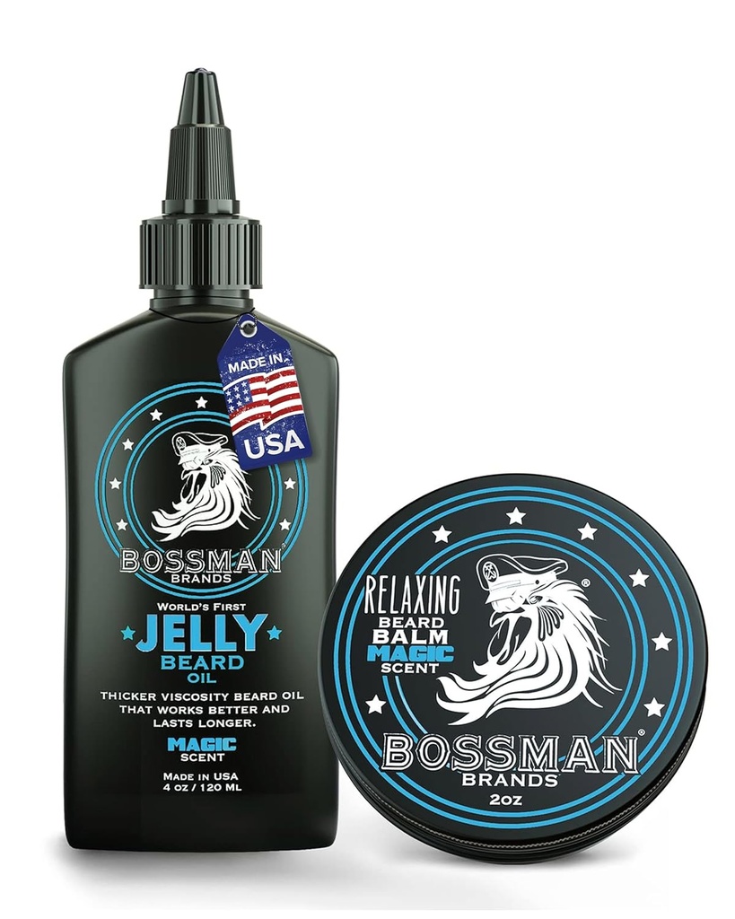 Bossman Jelly Beard Óleo para homens e bálsamo de barba para homens Combo - suaviza, Tames Hidrata & Condições - Perfume Mágico - Ingredientes naturais e fabricados nos EUA