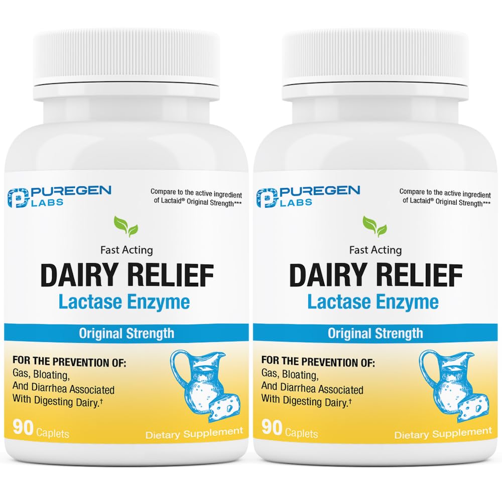 Puregen Labs Dairy Relief Natural Fast Action Enzima de Lactase 3000 FCC, comprimidos de intolerância à lactose 2 Pack - 180 Caplets Total