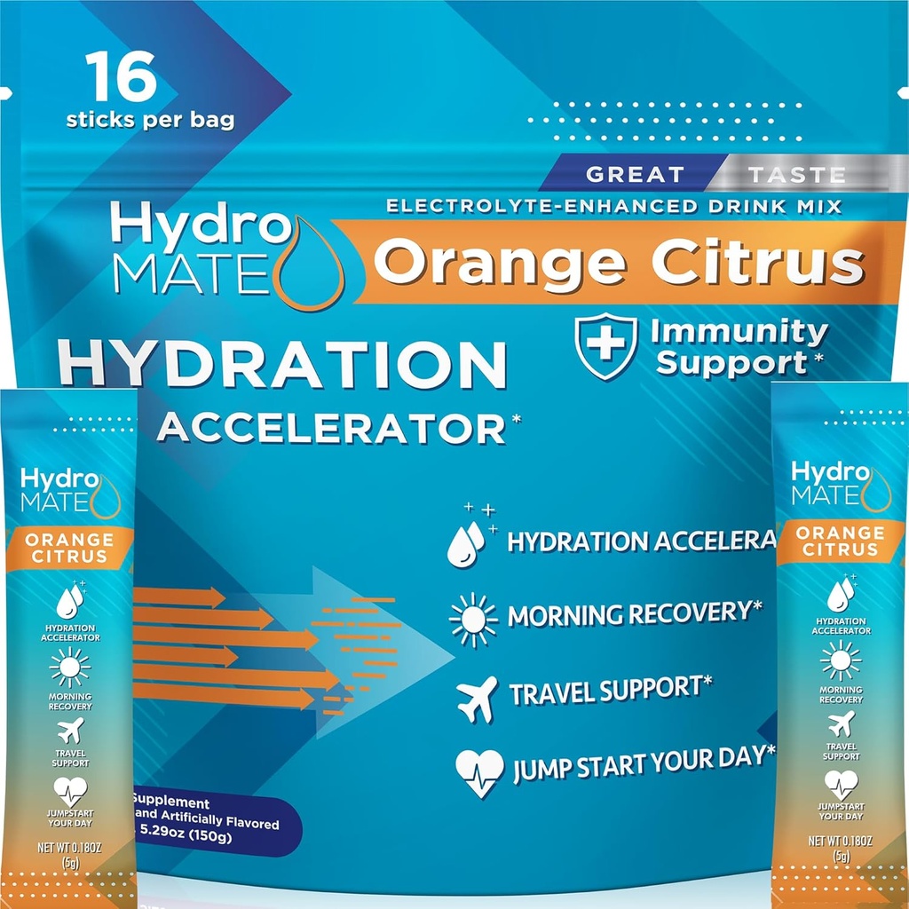 HidroMATE Eletrolíticos Pó com Baixo Açúcar - 16 Pacotes de Hidratação Instantânea com Vitamina C Laranja para aumentar a energia - Baixo Açúcar Eletrolíticos Pó Pacotes para apoiar a hidratação para recuperação rápida da festa