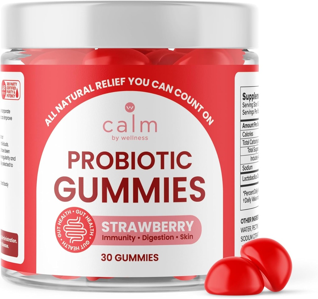 Calm by Wellness Probiótico Gummies, Morango-Flavored, All-Natural Vegan Probióticos para Adultos, 10 bilhões de UFC, Probiótico para Regularidade Digestiva, Imunidade, Saúde da Pele e Gut Saúde