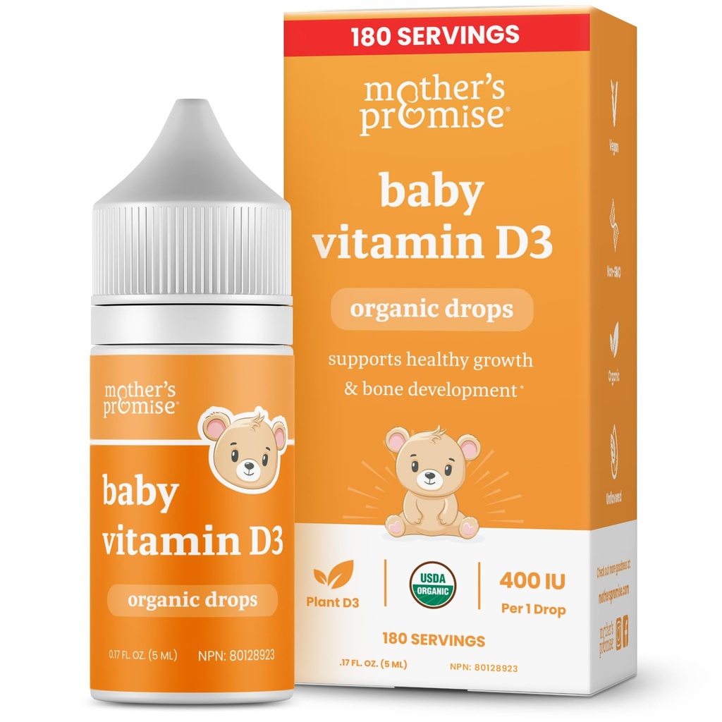 Promessa da mãe bebê orgânico D gotas de vitamina 100% planta com base no crescimento saudável e desenvolvimento ósseo , idade recém-nascido + 180 serviços , bebê D3 líquido para bebês e crianças , 400 UI para bebês