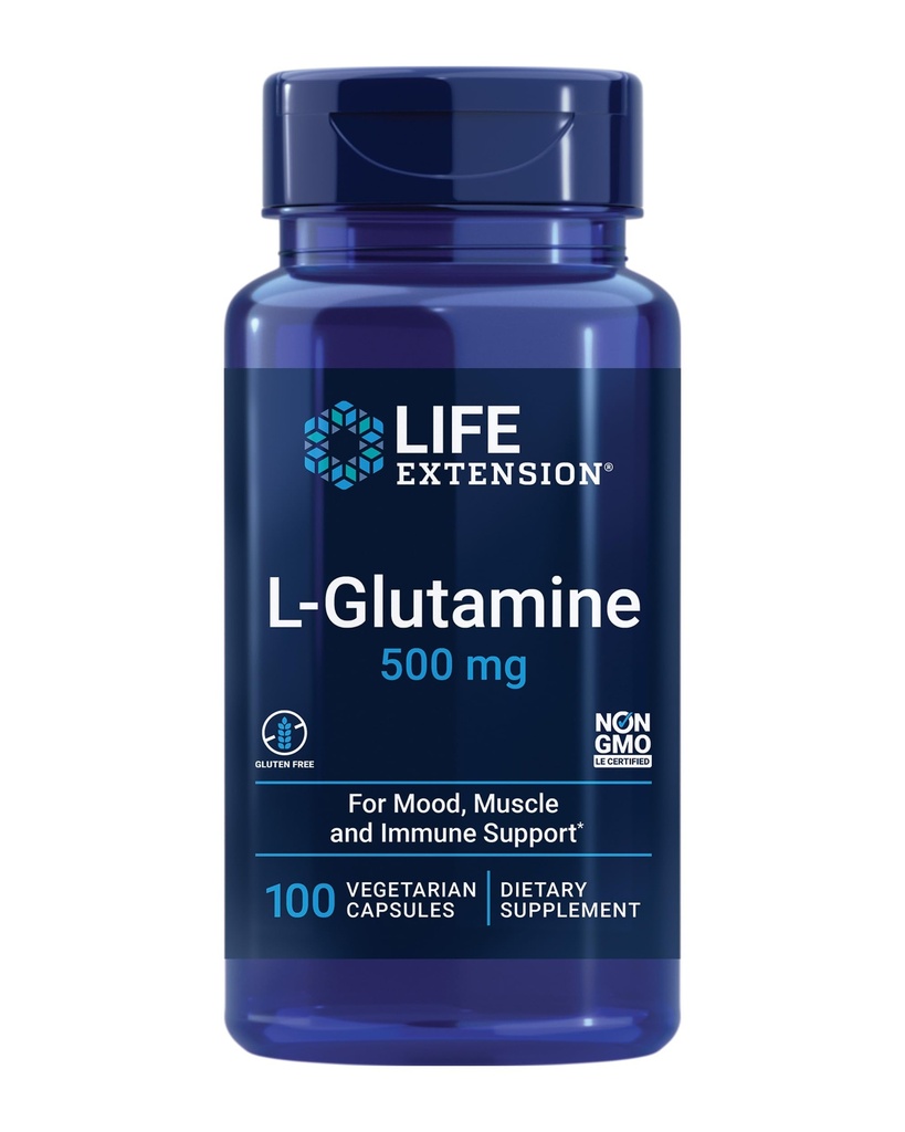 Extensão de vida L-Glutamina, 500 mg L-glutamina, Aminoácido, Suporta Saúde Muscular e Imune Saúde, Glúten-Livre, Não-GMO, 100 Cápsulas Vegetarianas