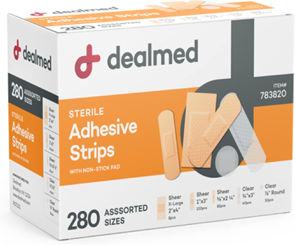 Dealmed Variety Pack Bandagens de adesivo flexível Bandagens estéreis com almofada de não-estíquete, Látex livre, cuidado de feridas para kit de primeiros socorros (280 Bandagens)