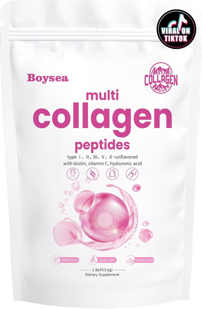 Boysea. Pó de Peptídeos de Multi-Colagénio - Tipos de Peptídio de Proteína Hidrolisada I, II, III, V, X com Biotina e Vitamina C, Suporta a Pele, Cabelo, Unhas e Juntas, Sem sabor, Não-GMO, Gluten-Free, Easy Mix 1LB