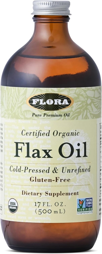 Flora - Óleo de Linho - Óleo de Sementes de Linho Orgânico não Refinado - Contém Omega-3 & Omega-6 - Não-GMO & Gluten-Free - Mantenha frio - 17 fl. oz. Garrafa de vidro de âmbar
