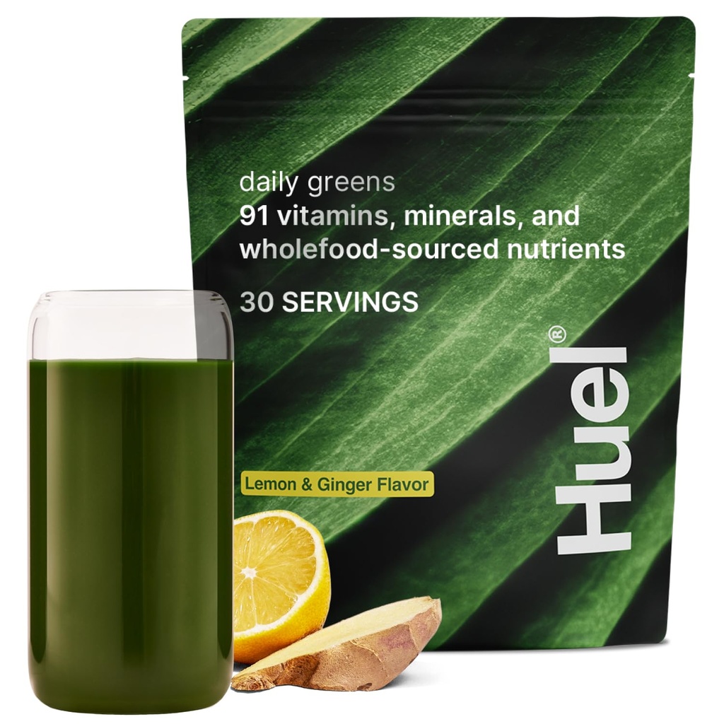 Huel Daily Greens Lemon & Ginger (em pó) Superfood Greens (em pó) 91 Vitaminas, Minerais e Ingredientes Fontes de Alimentos Integrais (em adaptogénios), Antioxidantes, Probióticos Friendly Gut (em gut) 30 Servimentos