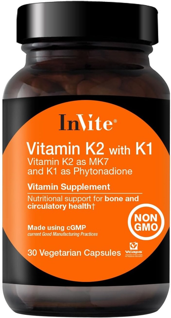 Convidar Saúde Vitamina K2 com K1 - Suporta Saúde Óssea e Circulatória - Vitamina K2 como MK7 e K1 e Phytonadiona - 30 Cápsulas Vegetarianas