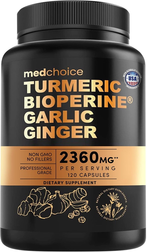 4-em-1 Suplementos de Alho e Açafrão com BioPerine – 2360mg Cápsulas de Ginger Açafrão com Alho – mistura de ervas de alta potência (120 ct)