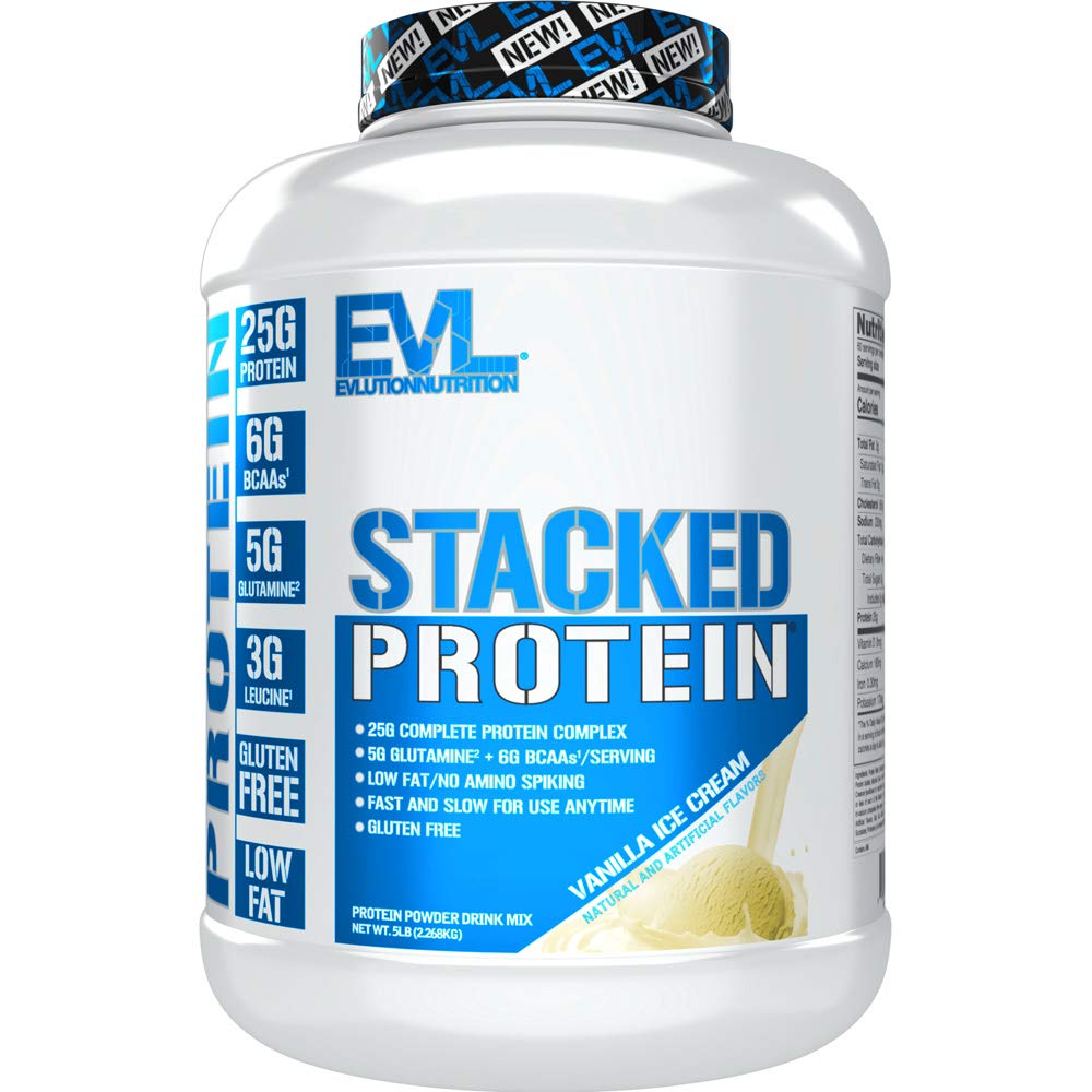 Nutrição de Evluição Protein Stacked Protein Powder com 25 gramas de proteína, 6 gramas de BCAAs e 5g de Glutamina (Vanilla Ice Cream, 5 LB)