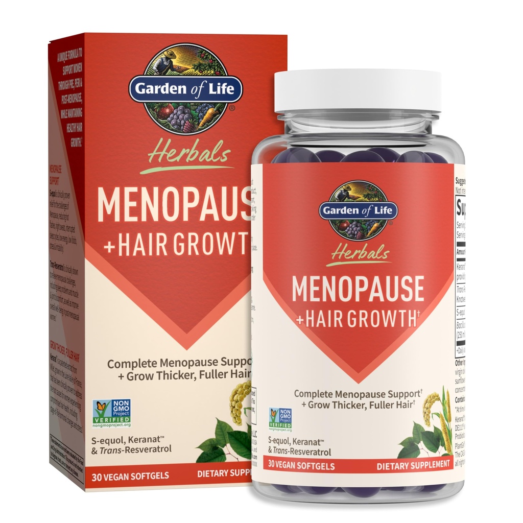 Garden of Life Herbals Menopause Supplement with S-echol & Trans-resveratrol for Multi-Symptom Relief, Keranat for Thicker, Fuller Hair Growth – Non-GMO, Gluten-Free, Vegan, Berry Flavor, 30 Servings