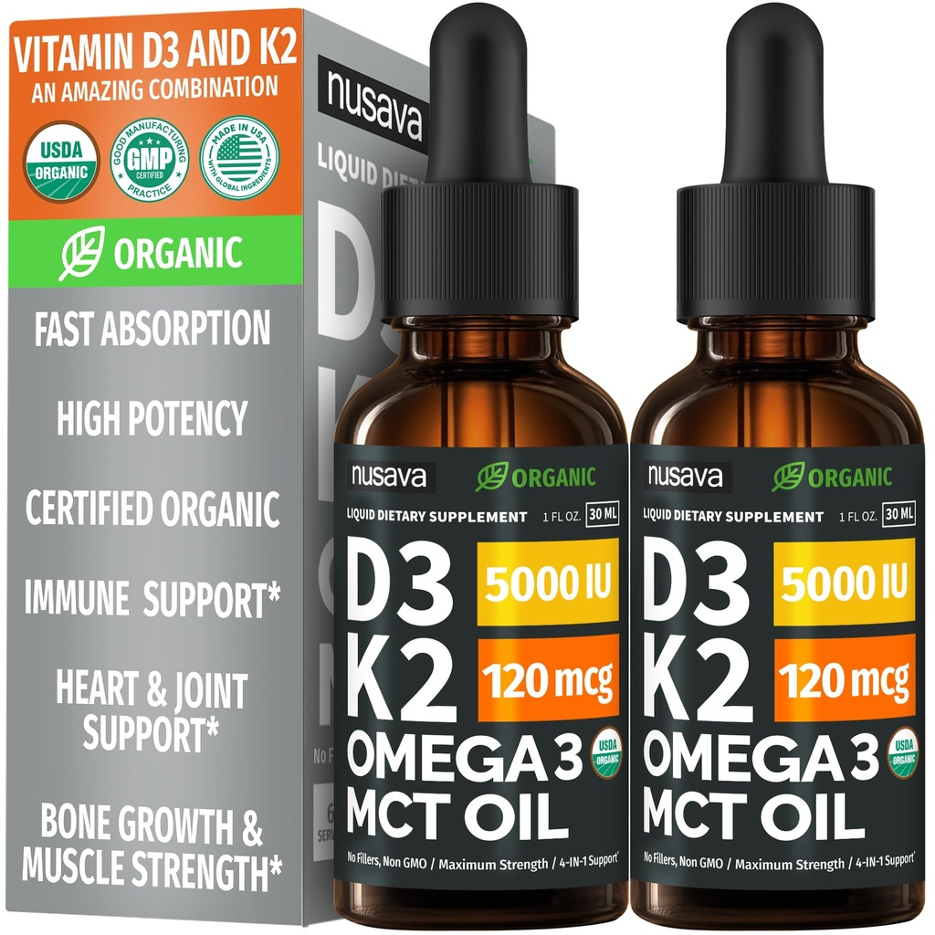 (2 Embalagem) Vitamina orgânica D3 K2 gotas com óleo MCT Omega 3, 5000 UI — líquido D3, sem enchimento, não-GMO, suporte imunológico (desfolhado, 2 Fl Oz)