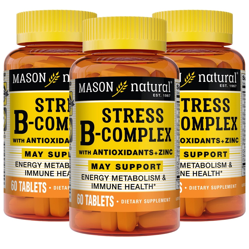 MASON Estresse NATURAL B,Complexo com antioxidantes + zinco, fonte de 6 meses, Fórmula de dupla ação, Suporta Metabolismo de Energia e Saúde Imune, 3 Pack