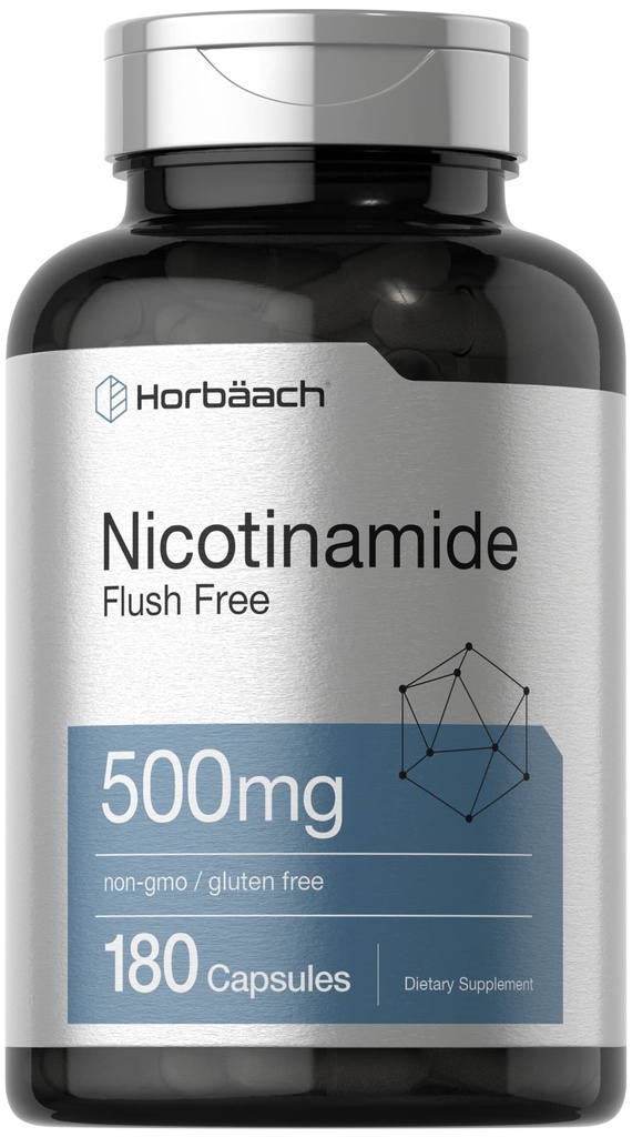 Horbäach Nicotinamida 500mg . 180 Cápsulas . Flush Suplemento dietético gratuito .
