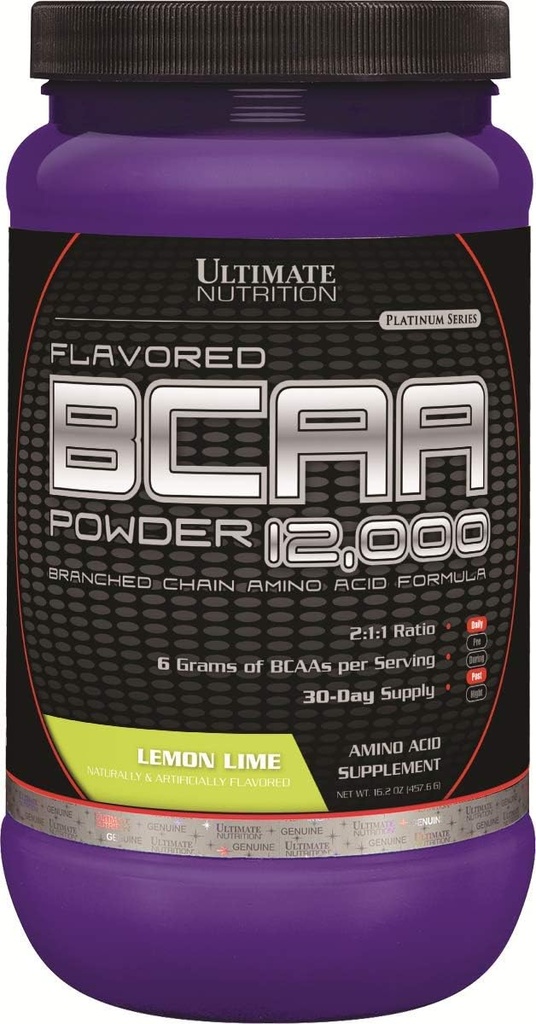 Ultimate Nutrition Flavored BCAA Pó 12,000, pós-treino Recuperação Drink, 3g Leucine 1,5g Valine 1,5g Isoleucine, Branch Chain Amino Acids Supplements for Muscle Recovery, 60 Servings, Limão