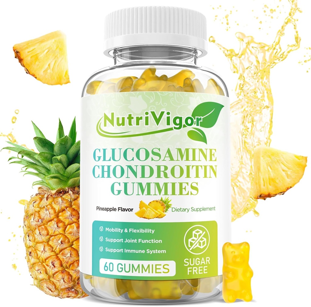 Gummies de condroitina glucosamina, suplemento de suporte conjunto de força extra com HSH & Elderberry, suporte imunológico antioxidante para adultos, sabor abacaxi, 60 contagem