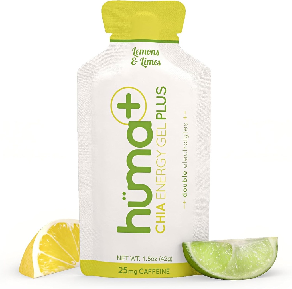 Huma Plus (Eletrólitos duplos) - Chia Energy Gel, Limão, 24 Gels, 25mg Cafeína - Estômago amigável, Geles de energia de alimentos reais
