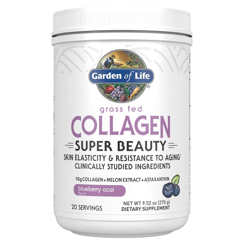 Jardim da vida Grass Fed Colágeno Super Beauty Powder - Blueberry Acai, 20 Servings, para mulheres unhas de cabelo juntas, Colágeno Peptídeos Pó + Suplementos de proteína