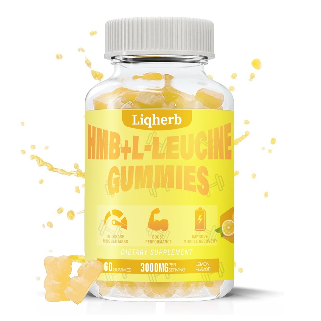 HMB e Gummies Leucine, com 3000mg HMB e L-Leucine Suplemento para recuperação muscular, Massa muscular e melhorar a resistência, para homens e mulheres, Não OGM, Vegan, Gluten Free, Limão sabor, 120 chicletes