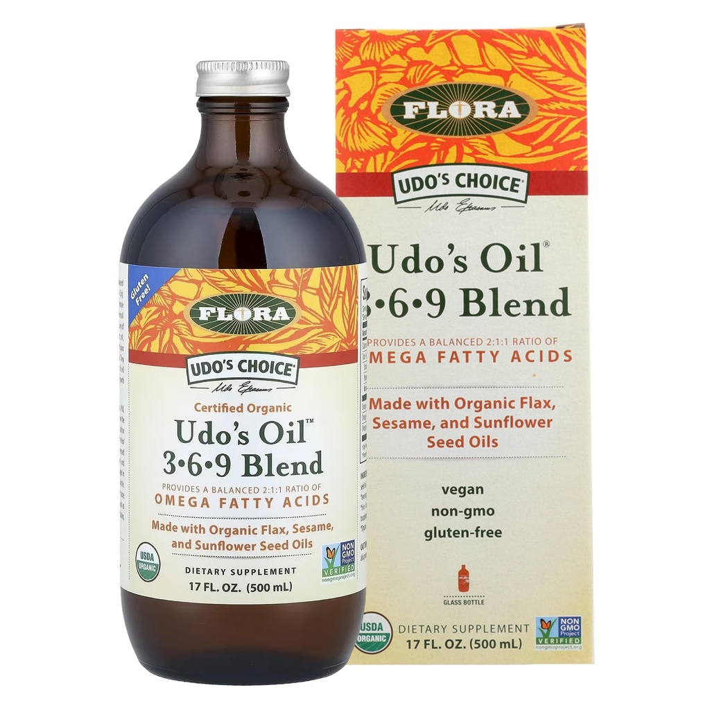 Flora Udo's Oil 3-6-9 Mistura - Vegan Omega-3 & Omega-6 Oil - Contém óleo de coco orgânico, Flax Seed Oil & More - Mantenha refrigerado - 17 fl. oz.