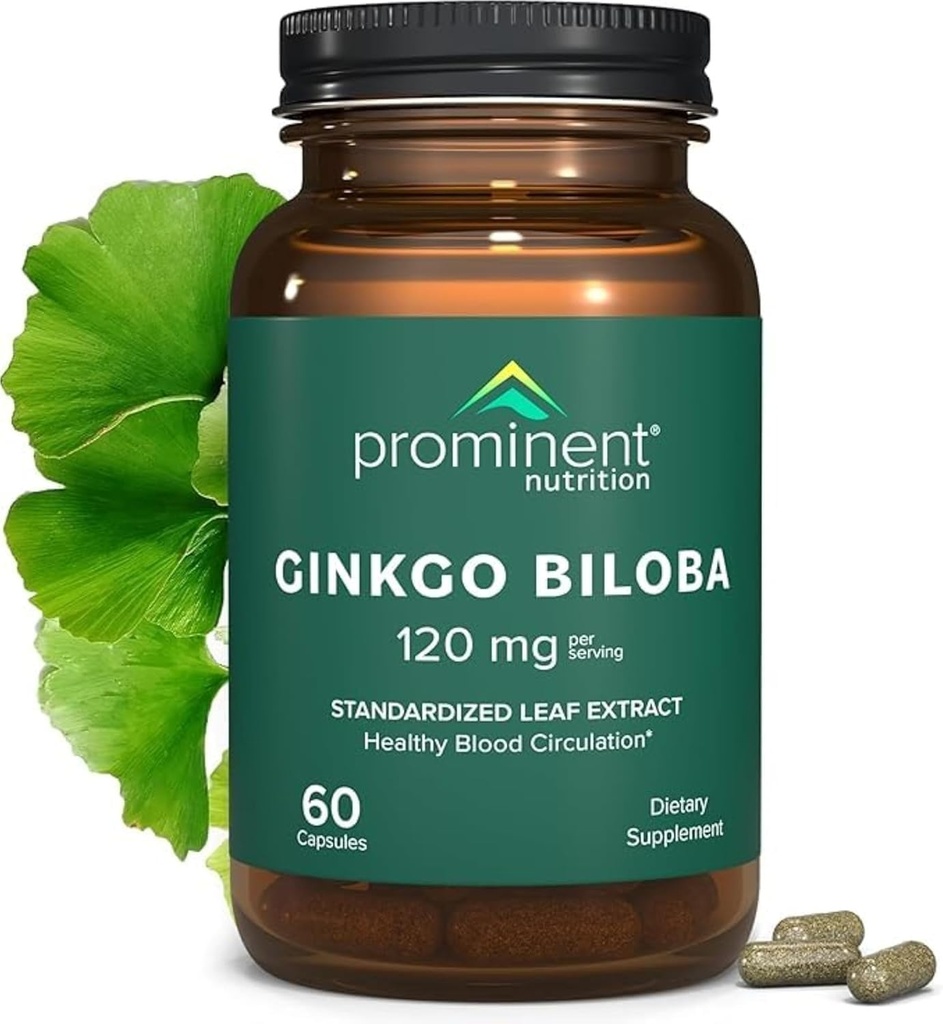 Nutrição proeminente Ginkgo Biloba 120mg - Ginkgo Biloba Leaf Extract, Suplementos de ervas para ajudar a apoiar memória e foco- Vegan, Não-GMO, Sem glúten, Sem soja, Fornecimento de 60 dias - 1 Pack