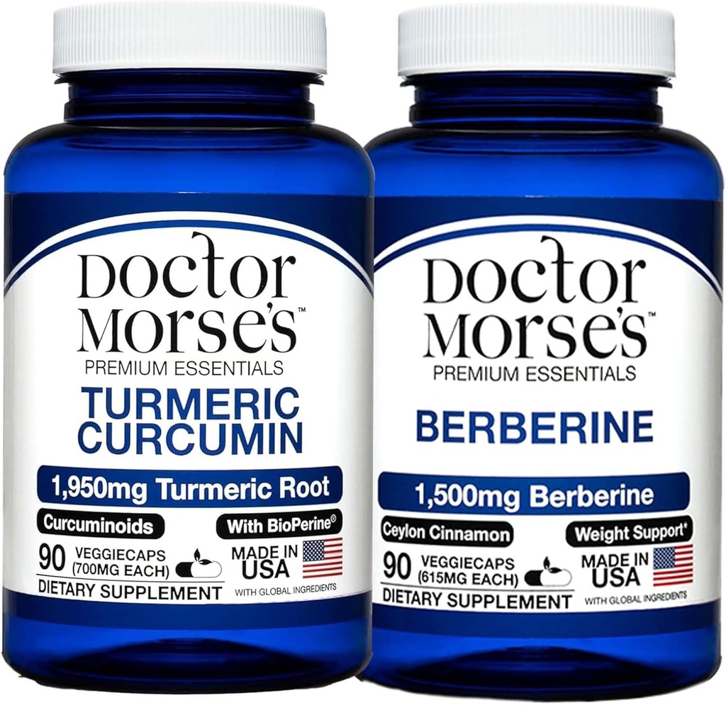 Dr. Morse's Turmeric Curcumin 1950mg & Berberine 1500mg Bundle - Apoio Conjunto, Metabolismo Saudável e Imune Boost com BioPerine & Ceilão Canela, Registrado pela FDA, NSF-certificado 90 Cápsulas