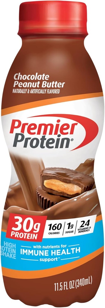 Premier Protein Shake, Chocolate Manteiga de amendoim, 30g de proteína, 1g de açúcar, 24 vitaminas e minerais, Nutrientes para apoiar a saúde imunológica, 11.5 Fl Oz