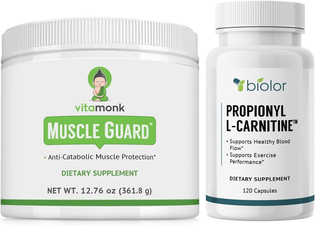 VitaMonk Muscle Guard & Biovy Propionil-L-Carnitina com HMB, EAA, vitamina D e magnésio, suporta o crescimento muscular, força, resistência, saúde circulatória, energia sem Jitter e recuperação de exercícios