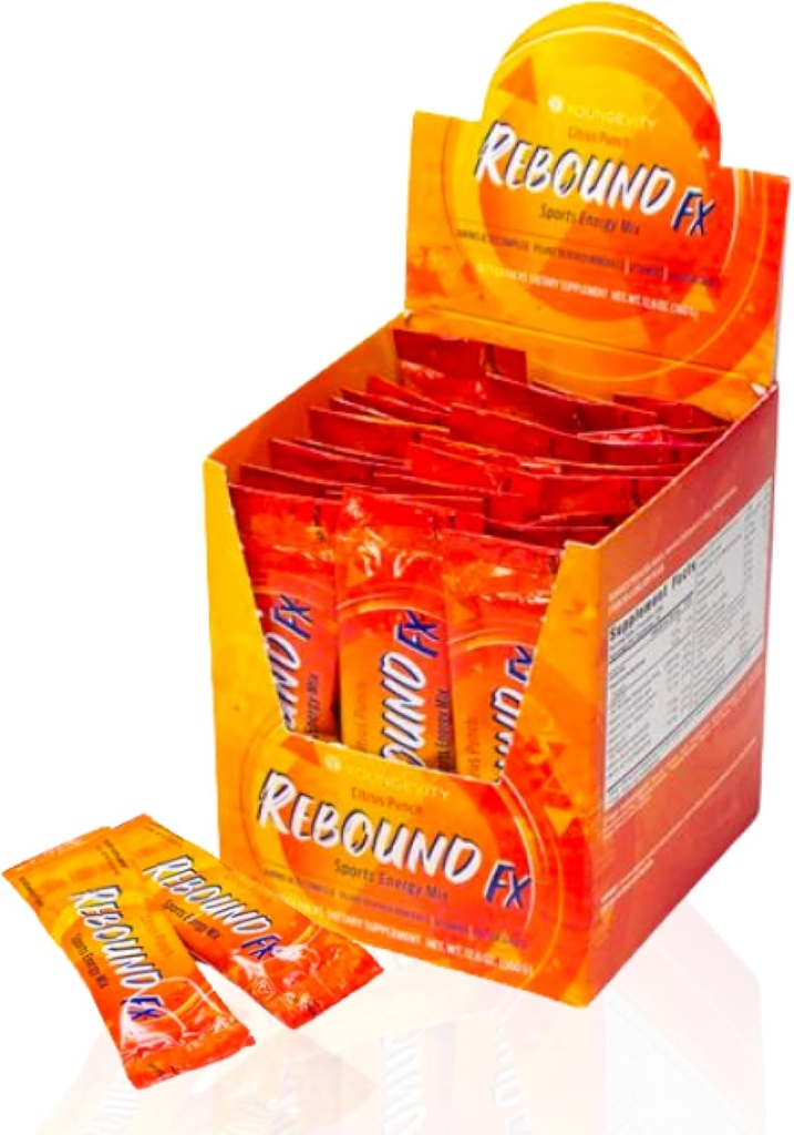Youngevity Rebound FXTM Citrus Punch On-The-Go Stick Packs – 30 Count Box – Sports Energy Drink with Vitaminas, Aminoácidos e Eletrolíticos – Cafeína Natural – Suporta Hidratação e Recuperação