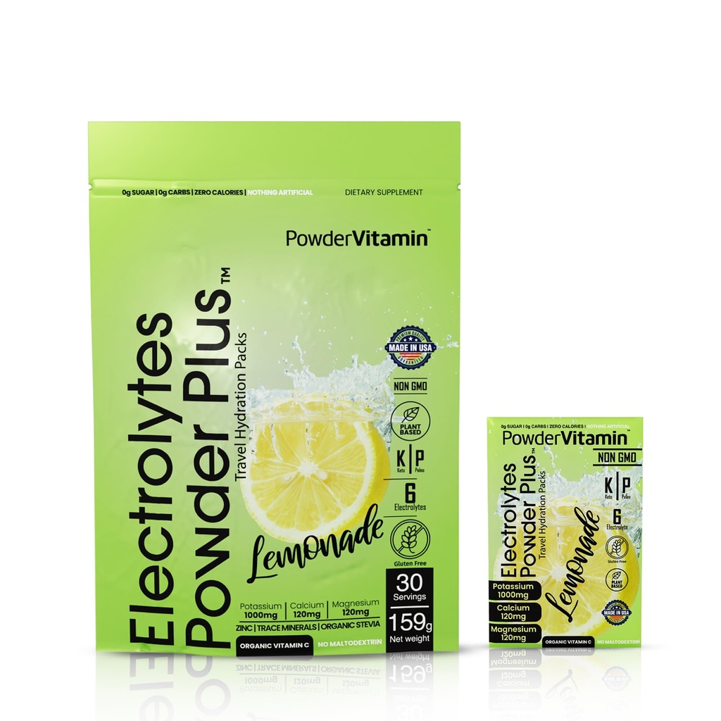 PóVitamina Eletrolitos Pó Plus, Keto, Limonada, Açúcar Zero, 1000mg Potássio, 120mg Cálcio, 120mg Magnésio, Não-GMO, Calorias Zero, 30Hidratação Packets