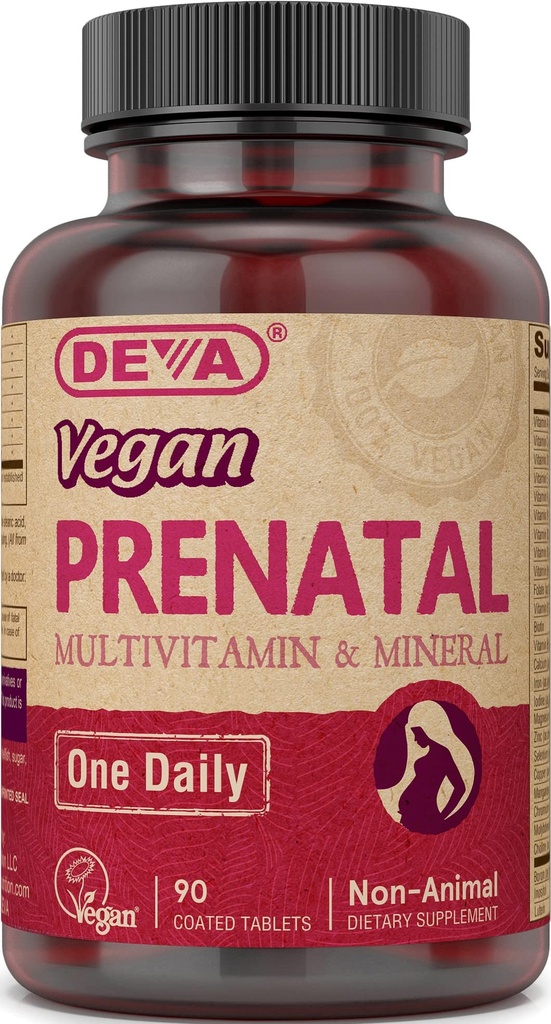 DEVA Vegan Multivitamin pré-natal e suplemento mineral - Fórmula uma vez por dia - Vitaminas A, C, D, E, K, B Complexo, com folato e ferro quelado - 90 comprimidos revestidos, 1-Pack