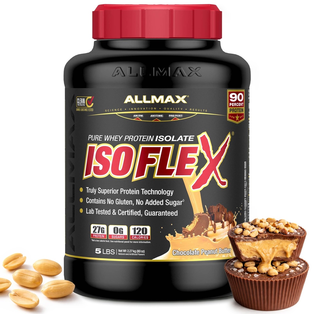 ALLMAX Nutrition - ISOFLEX Whey Protein Powder, Whey Protein Isolate, 27g Protein, Chocolate Peanut Butter, 5 libras