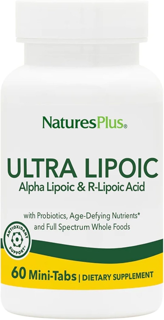Natures Plus Ultra Lipoic - 60 Mini-Tabs Bi-Layered - Suporta Defesas Radicais Livres com Probióticos, Nutrientes e Concentrados Alimentares Inteiros - Gluten Free - 30 Servings