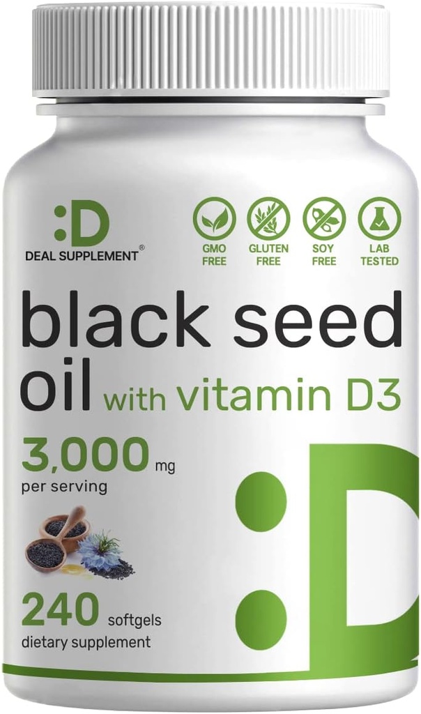 COMPLEMENTO DEAL Óleo de semente preta, 240 Softgels – Nigella Sativa prensado a frio, naturalmente ocorrendo Thymoquinone (TQ) – Não-GMO, Sem glúten – Cápsulas líquidas de semente preta com vitamina D3