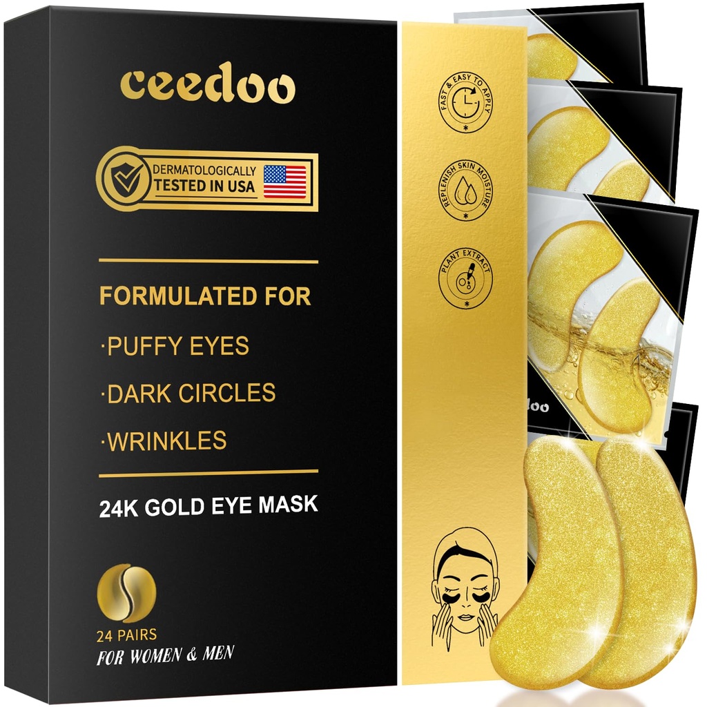 Sob patches de olhos - 24 pares de ouro sob máscara de olhos para olhos Puffy, círculos escuros, bolsas de olhos, rugas, Geles de olho de colágeno com tratamento rejuvenescedor, presentes para mulheres