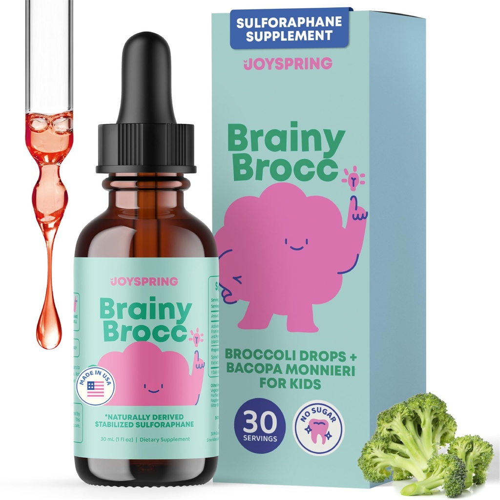 JoySpring Broccoli Supplement for Kids - Sulforaphane & Bacopa Monnieri Drops - Suporta função cognitiva - Vegan & Kid-friendly