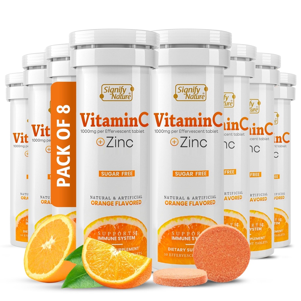 SIGNIFIY NATUREZA Vitamina C 1000mg Comprimidos Efervescentes - Potent Imune Support VIT C com Zinco Suplemento - Fórmula de açúcar-livre & Vegan
